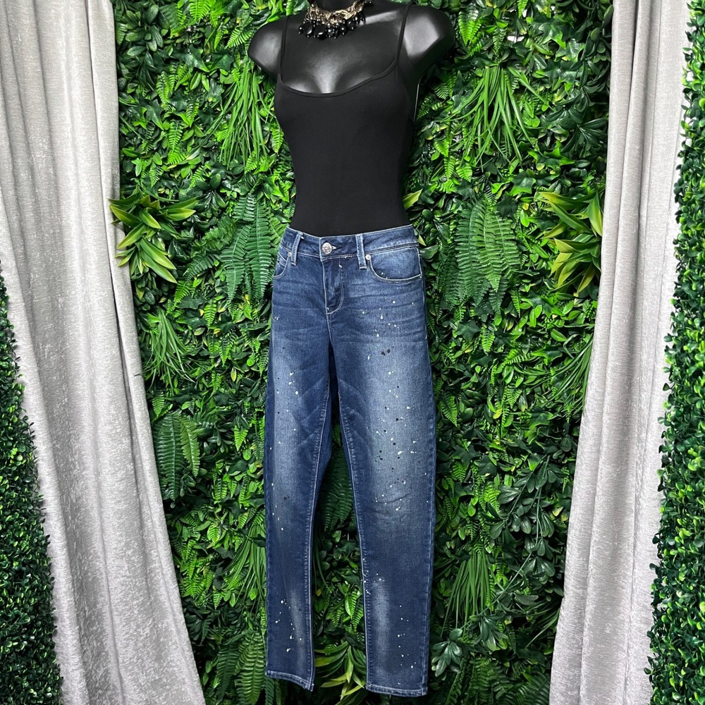 Seven7 Jeans Pants Size 8 Blue Paint Splatter Dark Wash Skinny Stretch 3645‎